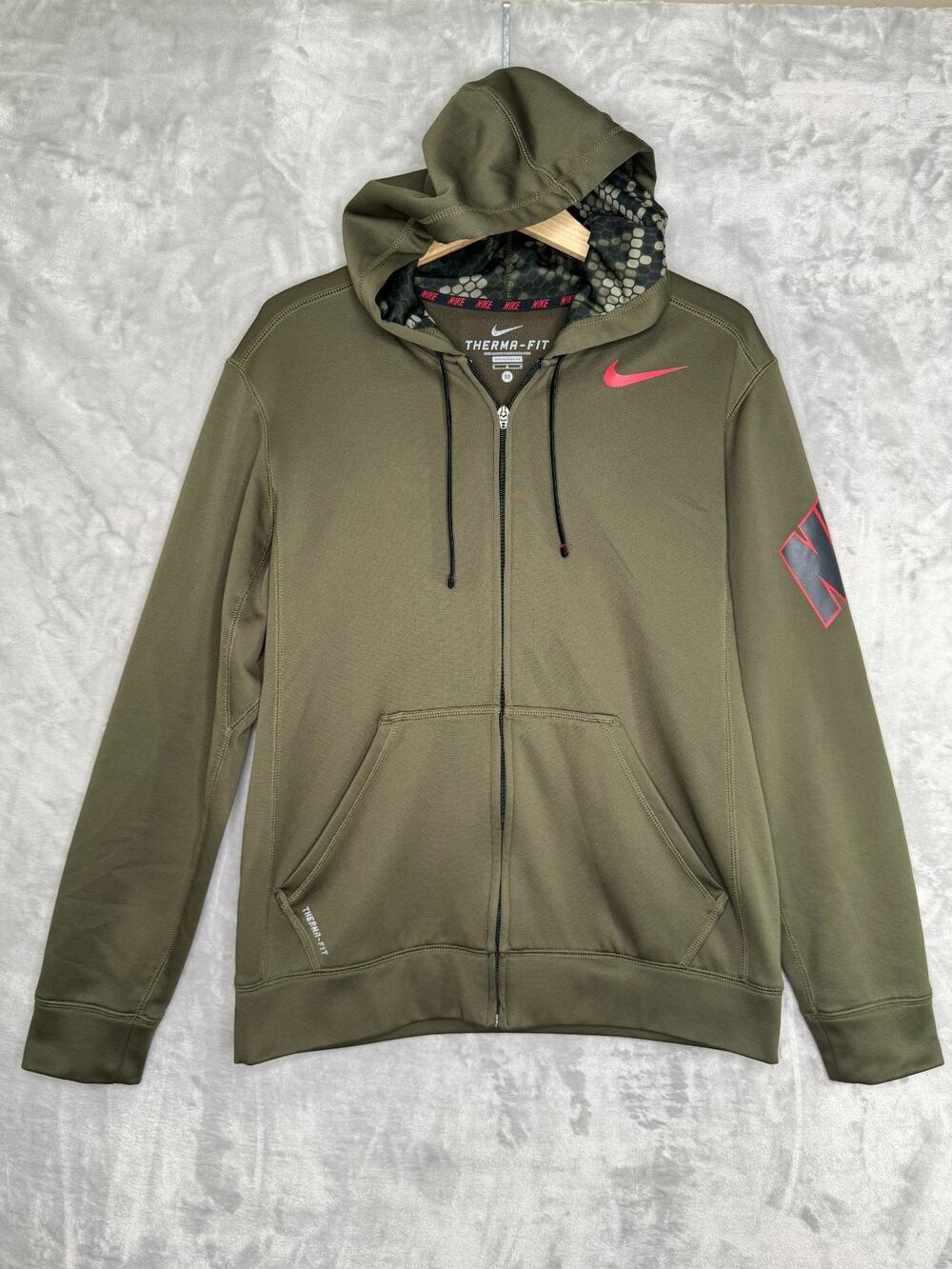 Nike Hoodie Mens Medium Olive Full Zip Therma-Fit Sweatshirt Swoosh Fleece